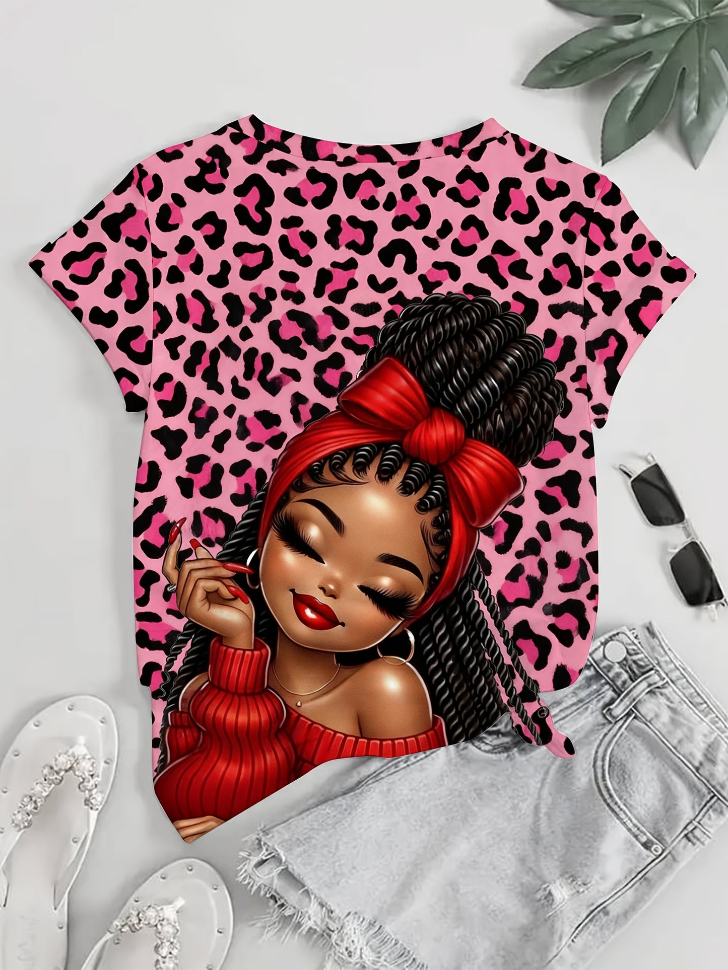 Ladies' Digital Printed Short Sleeved Shirt, Artistic Style "leopard Print Trendy " Themed Printed Short Sleeved T-shirt, Plus Size Ladies' Casual Round Neck T-shirt, The Picture Shows A Unique Style Of Trendy Image, Fully Pr