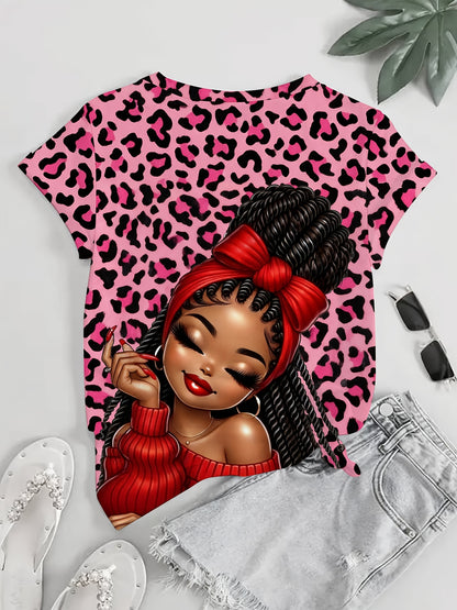 Ladies' Digital Printed Short Sleeved Shirt, Artistic Style "leopard Print Trendy " Themed Printed Short Sleeved T-shirt, Plus Size Ladies' Casual Round Neck T-shirt, The Picture Shows A Unique Style Of Trendy Image, Fully Pr