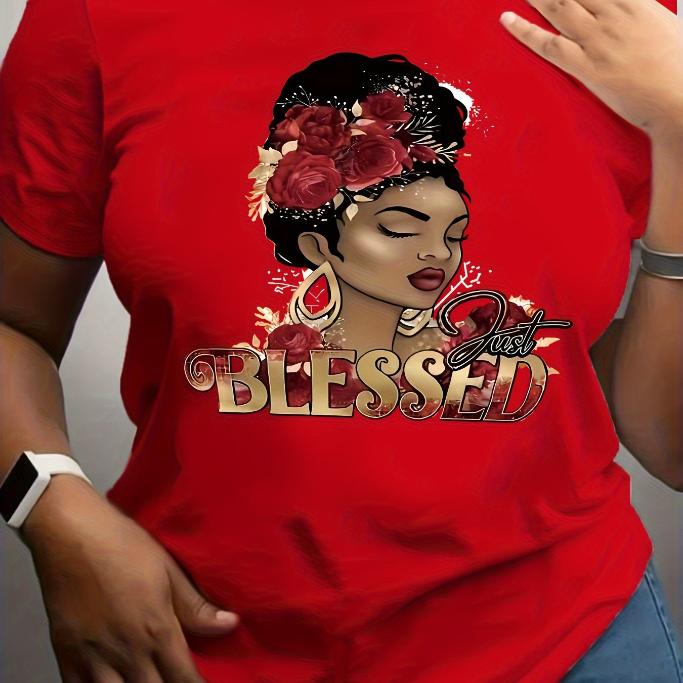 Women's Red Blessing & Floral Print T-Shirt - Short Sleeve Blouse with Blessing Patterns, Lightweight Breathable Fabric, Machine Washable Top for Spring Summer Casual & Dressy Outfits, Elegant Everyday Shirt for all-Season We