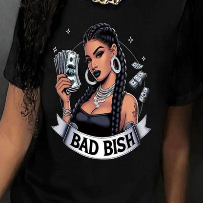 Women's BAD BISH Money Motif Graphic Tee - Black T-Shirt with Bold Money Bags & Text Design, Lightweight 180gsm Glossy Fabric for Everyday & Formal Outfits - Empowering Female Fashion Top, Ladies T-shirts, Casual Wear, Trendy