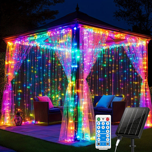330LED Solar Colorful Curtain Lights – 8‑Mode Dimmable Waterproof Fairy Lights for Patio & Events