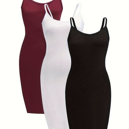 [3 Pack Plus Size Cami Dress] 3 Pack Plus Size Basic Dress Set, Women's Plus Solid Round Neck Medium Stretch Slim Fit Cami Dress Three Piece Set