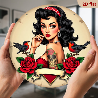 2D Flat - 1pc 2D Flat Pin-up Girl 7.8X7.8 Round Aluminum Sign | Skull Tattoo, Bird and Roses Metal Tin Sign - Bandana Rustic Metal Wall Art, Art Deco Style, Wall Decor for Home, Garage, Dining Room, Cafe, Perfect for Room