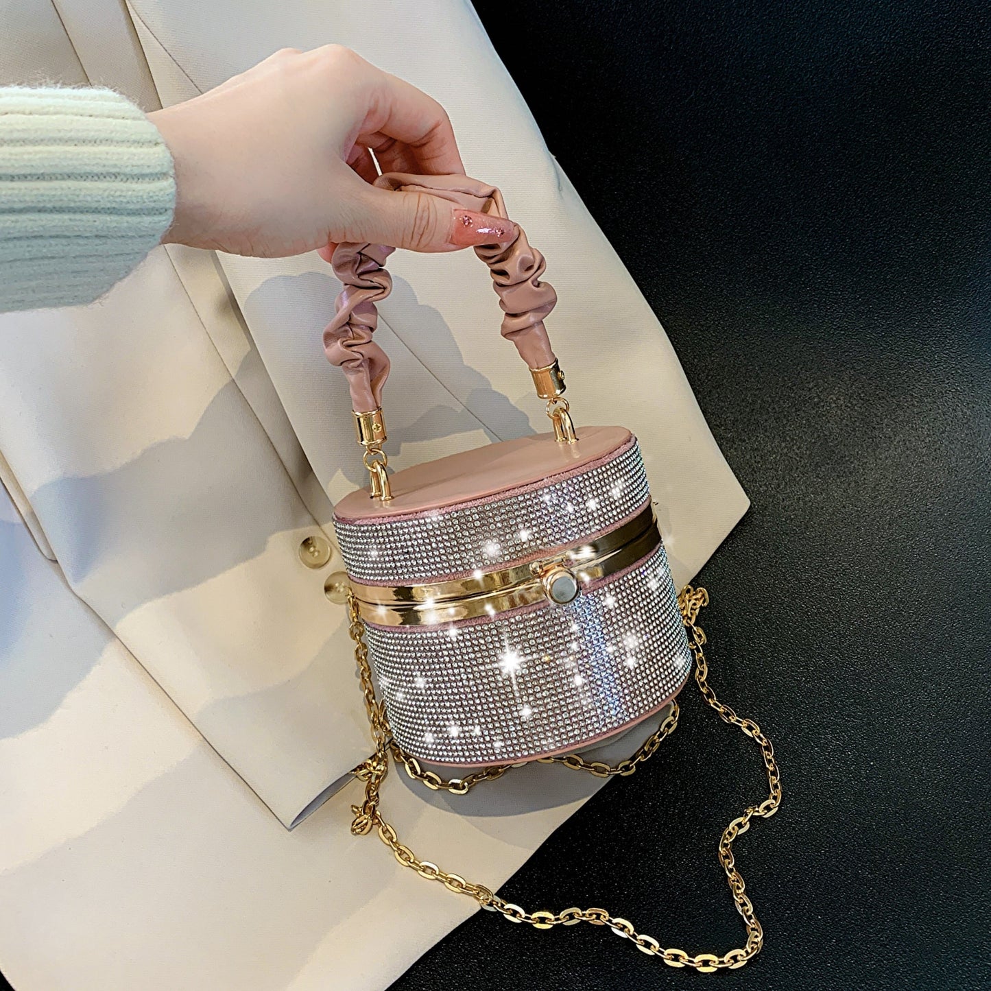 Mini Allover Rhinestone Handbag, Ruched Detail Evening Bucket Bag, Stylish Chain Shoulder Purse For Party (3.9*4.7*4.7) Inch - Rhinestone & Chain Detail - Perfect for Evening Events & Parties - Ideal Gift for Women -  For Car