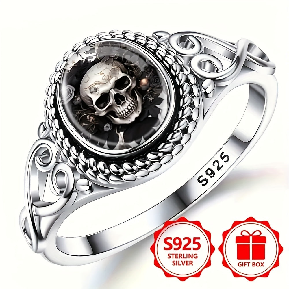 Silvery ring, stylish skull rose, black and white gothic bohemian engagement and wedding jewelry, oval shape, everyday gift, jewelry for all seasons | bohemian ring | durable metal ring, for Teenager