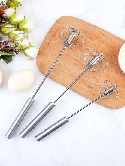 Household Semi-Automatic Rotating Egg Beater,304 Stainless Self Turning Cream Utensil Whisk,Manual Mixer Kitchen Tool