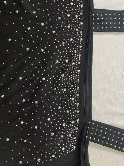 [Elegant Rhinestone Dress] Rhinestone Cold Shoulder Dress, Elegant Long Sleeve Split Dress, Women's Clothing