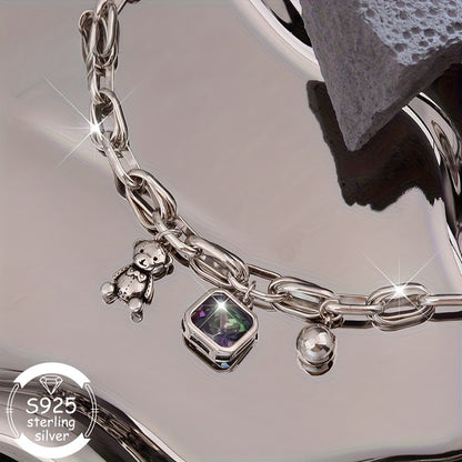 925 Silver Fashion Retro Bear Square Synthetic Zirconia Bracelet for Women- Perfect Jewelry for Daily Wear, Gifts, Music Festivals, Proposals& Back-to-School Season- The Ultimate Luxury Gift for Best Friends, Jewelry for Wome