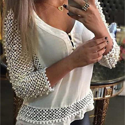 Women's V-neck Crochet Hollow Out Top 3/4 Sleeve Pullover Shirt Summer Fall Blouse T-Shirt