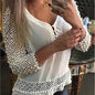 Women's V-neck Crochet Hollow Out Top 3/4 Sleeve Pullover Shirt Summer Fall Blouse T-Shirt