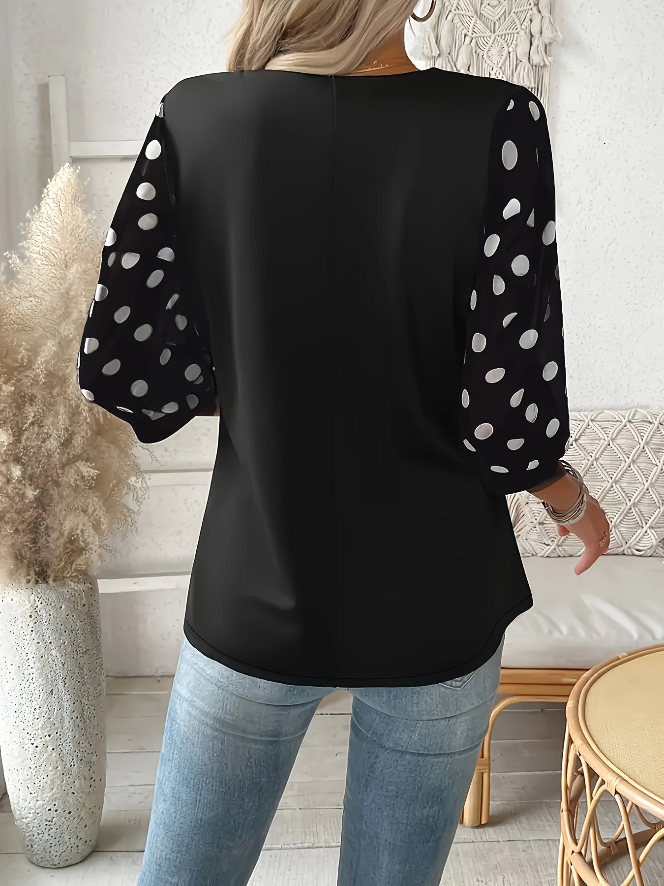 [Elegant Blouse] Lightweight Breathable Plus Size Women's Elegant V-Neck Blouse | Black & White Polka Dot Contrast Sleeve Top, Machine Washable Spring Summer Casual & Formal Shirt