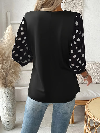 [Elegant Blouse] Lightweight Breathable Plus Size Women's Elegant V-Neck Blouse | Black & White Polka Dot Contrast Sleeve Top, Machine Washable Spring Summer Casual & Formal Shirt