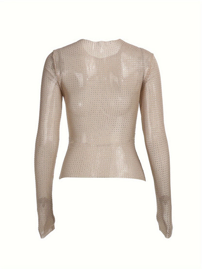 Women'S Sexy Semi-Sheer Mesh Long Sleeve T-Shirt - High Elasticity Slim Fit Round Neck Top, Breathable Stretchy Blouse For Spring Summer Fall, Machine Washable Versatile Casual & Dressy Outfits, Ladies T Shirts, Seasonal Fash
