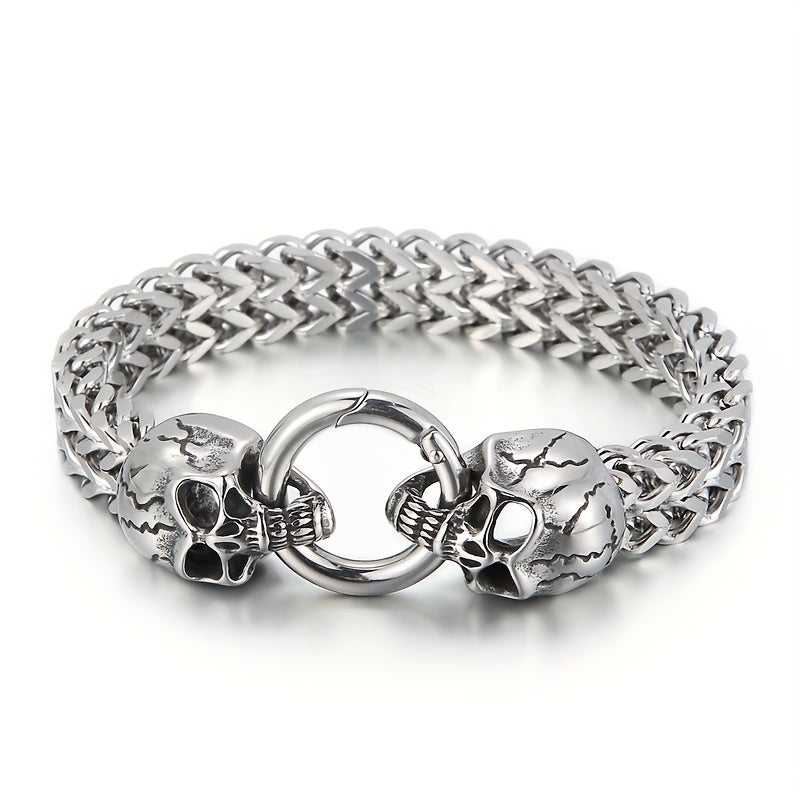 304 Stainless Steel Nordic Double Skull Cuban Chain Bracelet - Retro Punk Hip Hop Rock Jewelry for Men, Durable Polished Finish, Versatile for Daily Wear & Parties, Perfect Gift for Valentine's Day, Father's Day, Graduation,