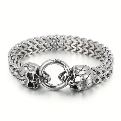304 Stainless Steel Nordic Double Skull Cuban Chain Bracelet - Retro Punk Hip Hop Rock Jewelry for Men, Durable Polished Finish, Versatile for Daily Wear & Parties, Perfect Gift for Valentine's Day, Father's Day, Graduation,