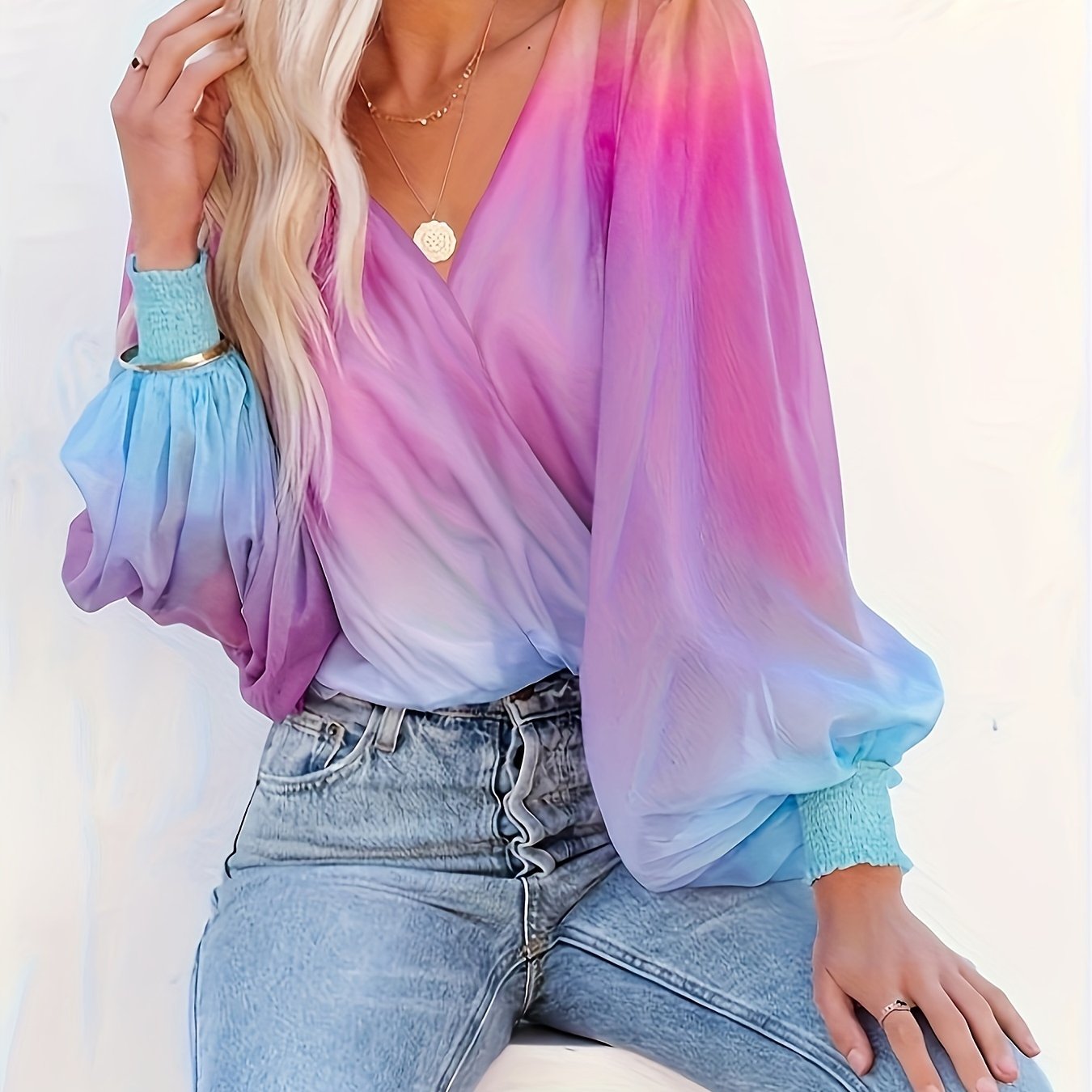 Gradient Color V-neck Loose Blouse, Versatile Lantern Sleeve Blouse For Spring & Fall, Women's Clothing