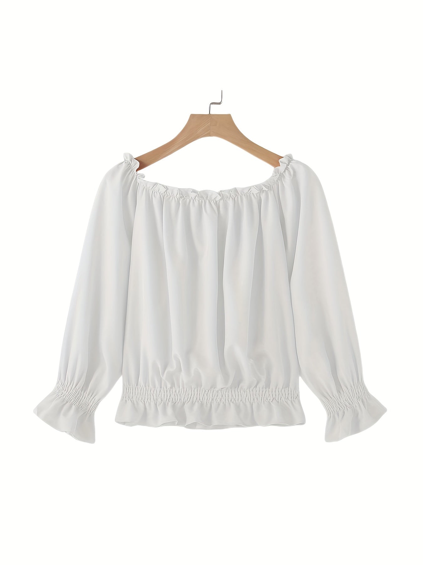 Chic Off Shoulder Ruffle Trim Blouse - Soft Micro Elastic Polyester Fabric, Shirred Details, Solid Color, Casual Long Sleeve Top for Women - Perfect for Spring, Fall, and Summer