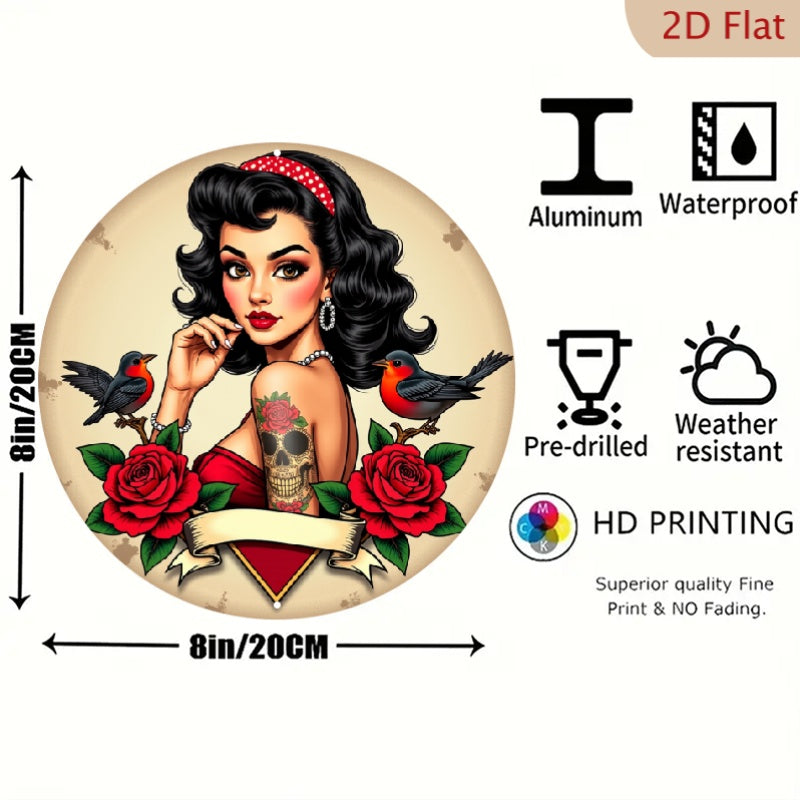 2D Flat - 1pc 2D Flat Pin-up Girl 7.8X7.8 Round Aluminum Sign | Skull Tattoo, Bird and Roses Metal Tin Sign - Bandana Rustic Metal Wall Art, Art Deco Style, Wall Decor for Home, Garage, Dining Room, Cafe, Perfect for Room