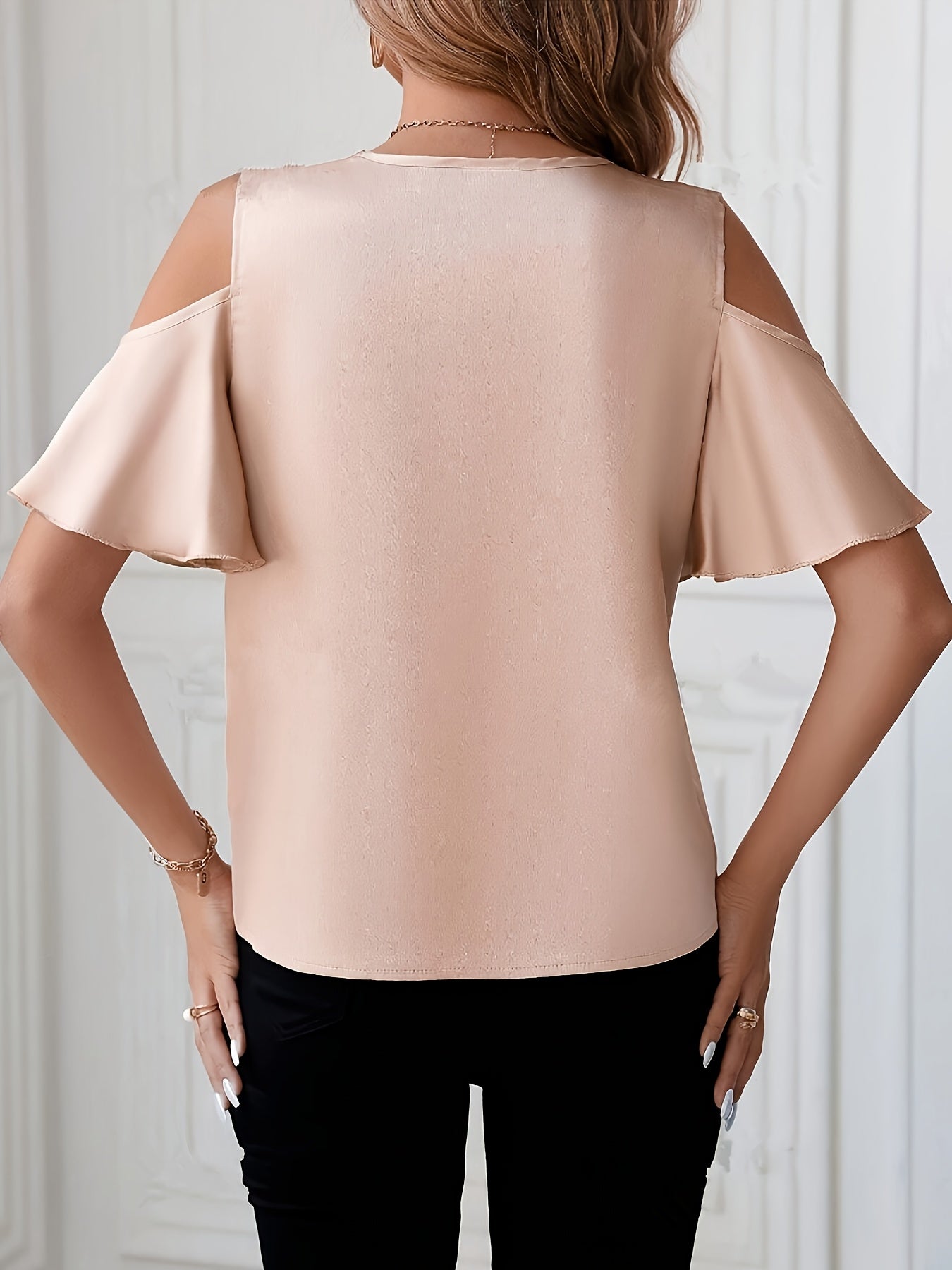 1pc Elegant Summer V-Neck Blouse for Women, 100% Polyester Satin with Contrast Lace Shoulder Detail, Solid Color Cold Shoulder Pullover Shirt