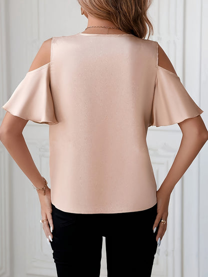 1pc Elegant Summer V-Neck Blouse for Women, 100% Polyester Satin with Contrast Lace Shoulder Detail, Solid Color Cold Shoulder Pullover Shirt