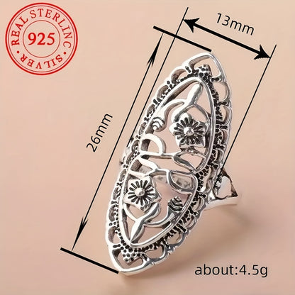 925 Sterling Silver Floral Carved Ring – Boho Retro Style for Daily Wear & Gift Giving