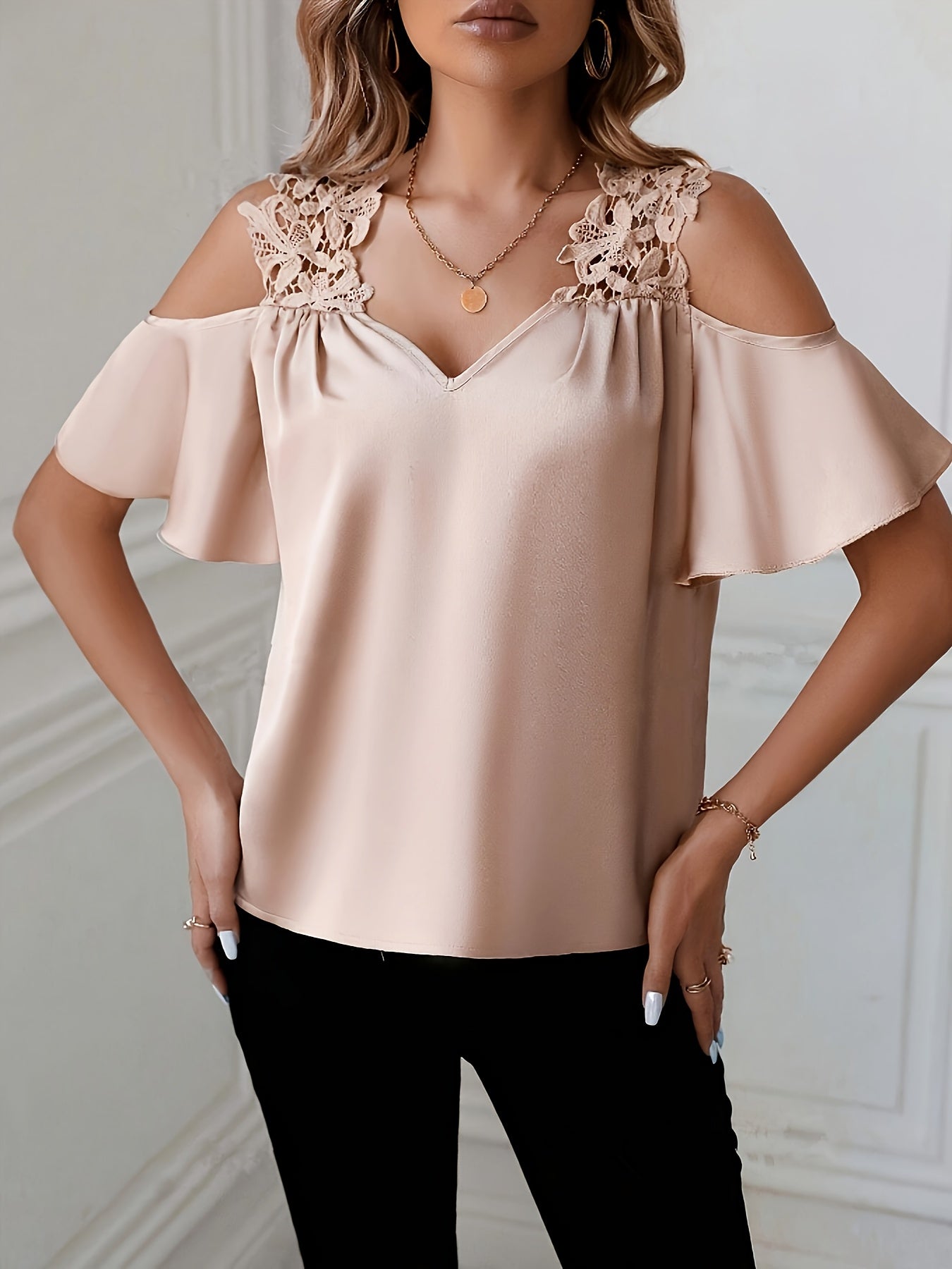 1pc Elegant Summer V-Neck Blouse for Women, 100% Polyester Satin with Contrast Lace Shoulder Detail, Solid Color Cold Shoulder Pullover Shirt
