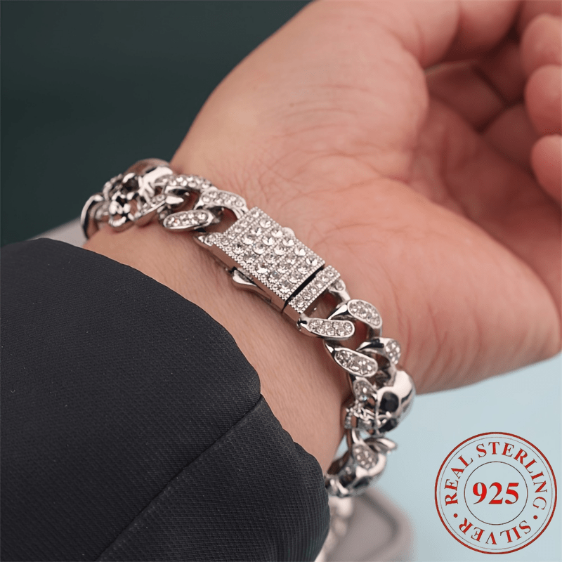 1pc 925 Silver Punk-Style Skull Bracelet | Gothic Jewelry, Avant-Garde Universal Design, Halloween Accessory, Creative Skull Pattern, Durable, Suitable for Party and Banquet Occasions