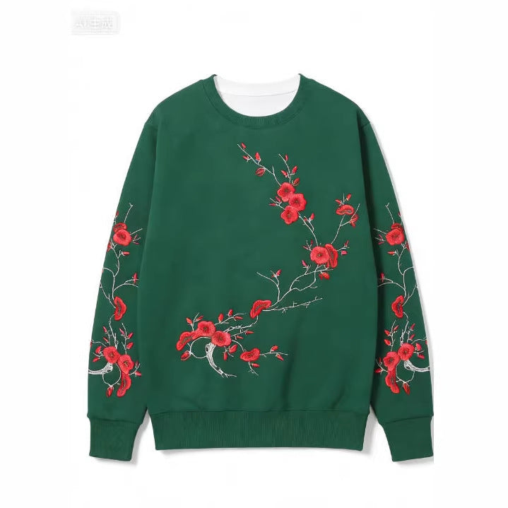 Black-base Red Plum Blossom Branch Print Loose-fitting Crewneck Sweatshirt