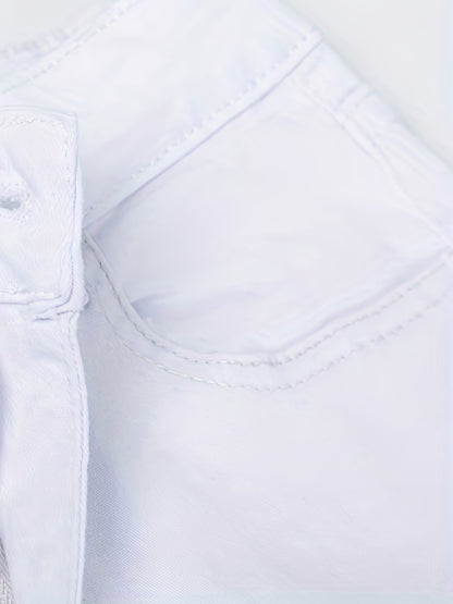 White Ripped Holes Straigh Jeans, Slash Pockets Distressed Non-Stretch Denim Pants, Women's Denim Jeans & Clothing