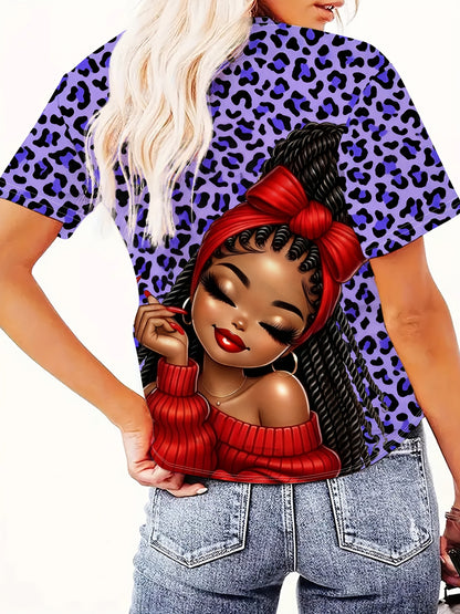 Ladies' Digital Printed Short Sleeved Shirt, Artistic Style "leopard Print Trendy " Themed Printed Short Sleeved T-shirt, Plus Size Ladies' Casual Round Neck T-shirt, The Picture Shows A Unique Style Of Trendy Image, Fully Pr