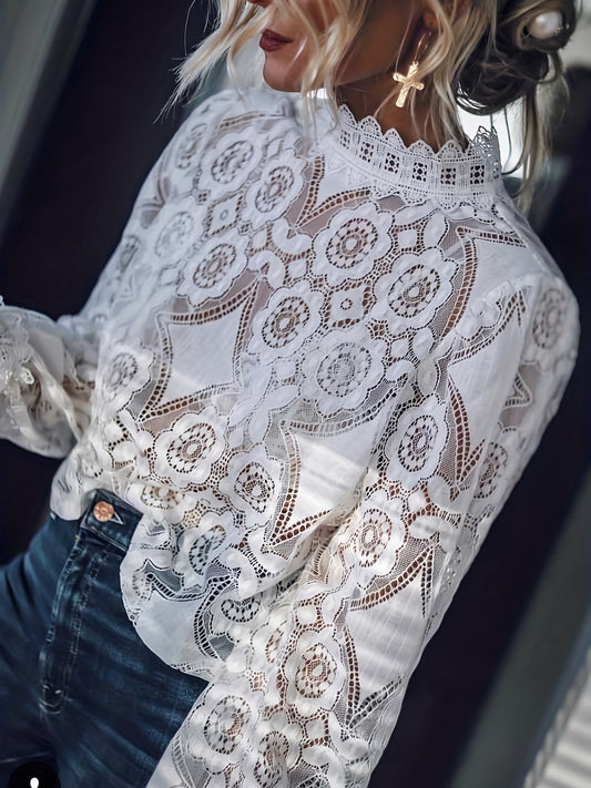 Floral Pattern Lace Blouse, Elegant Long Sleeve Top, Women's Clothing