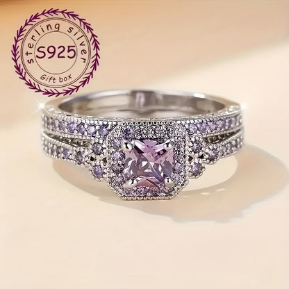 2pcs Set 925 Sterling Silvery Wedding Jewelry, Women's Fashion Creative Starry Sky Design Ring, Luxurious EngaSynthetic Gemstoneent Promise Ring Set, Heart-shaped Theme, Ideal for Weddings And Gifts
