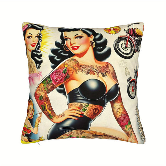 BIIHUDU Hot Tattooed Pin Up Throw Pillowcase - Vibrant Contemporary Design with Zipper Closure, Machine Washable Polyester Cushion Cover for Sofa Decor, Decorative Pillows