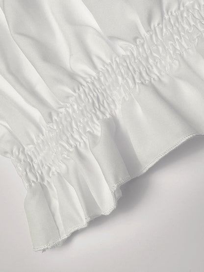 Chic Off Shoulder Ruffle Trim Blouse - Soft Micro Elastic Polyester Fabric, Shirred Details, Solid Color, Casual Long Sleeve Top for Women - Perfect for Spring, Fall, and Summer