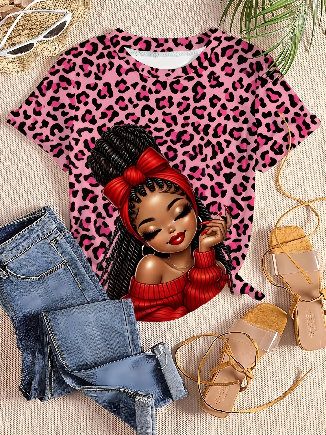 Ladies' Digital Printed Short Sleeved Shirt, Artistic Style "leopard Print Trendy " Themed Printed Short Sleeved T-shirt, Plus Size Ladies' Casual Round Neck T-shirt, The Picture Shows A Unique Style Of Trendy Image, Fully Pr