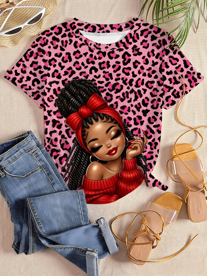 Ladies' Digital Printed Short Sleeved Shirt, Artistic Style "leopard Print Trendy " Themed Printed Short Sleeved T-shirt, Plus Size Ladies' Casual Round Neck T-shirt, The Picture Shows A Unique Style Of Trendy Image, Fully Pr