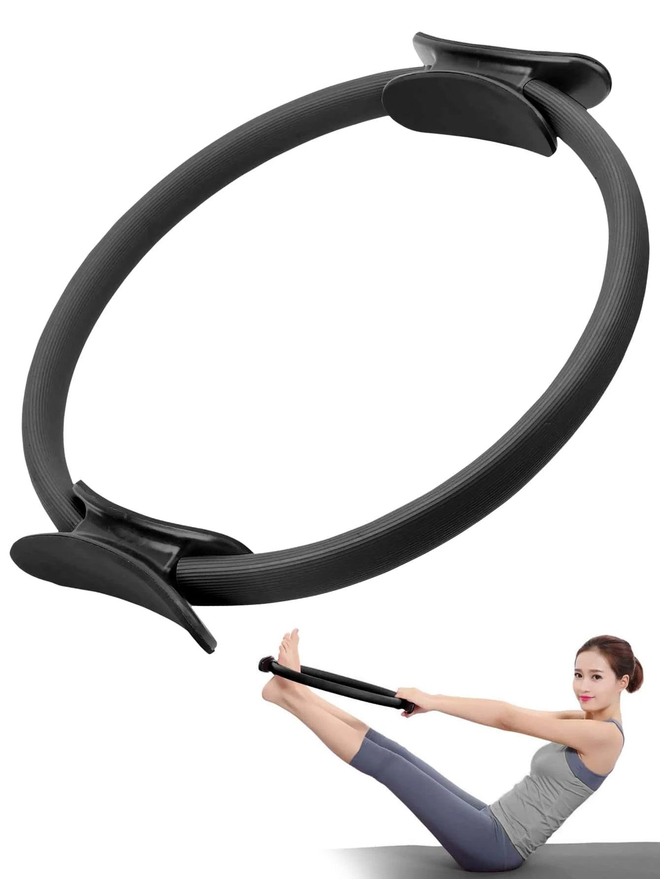 15Inch Eva Pilates Ring for Inner Thigh Exercise, Fitness, & Pelvic Muscle Training with Dual Cushioned Handles & Anti-Burst Strap (1Pc, Black)