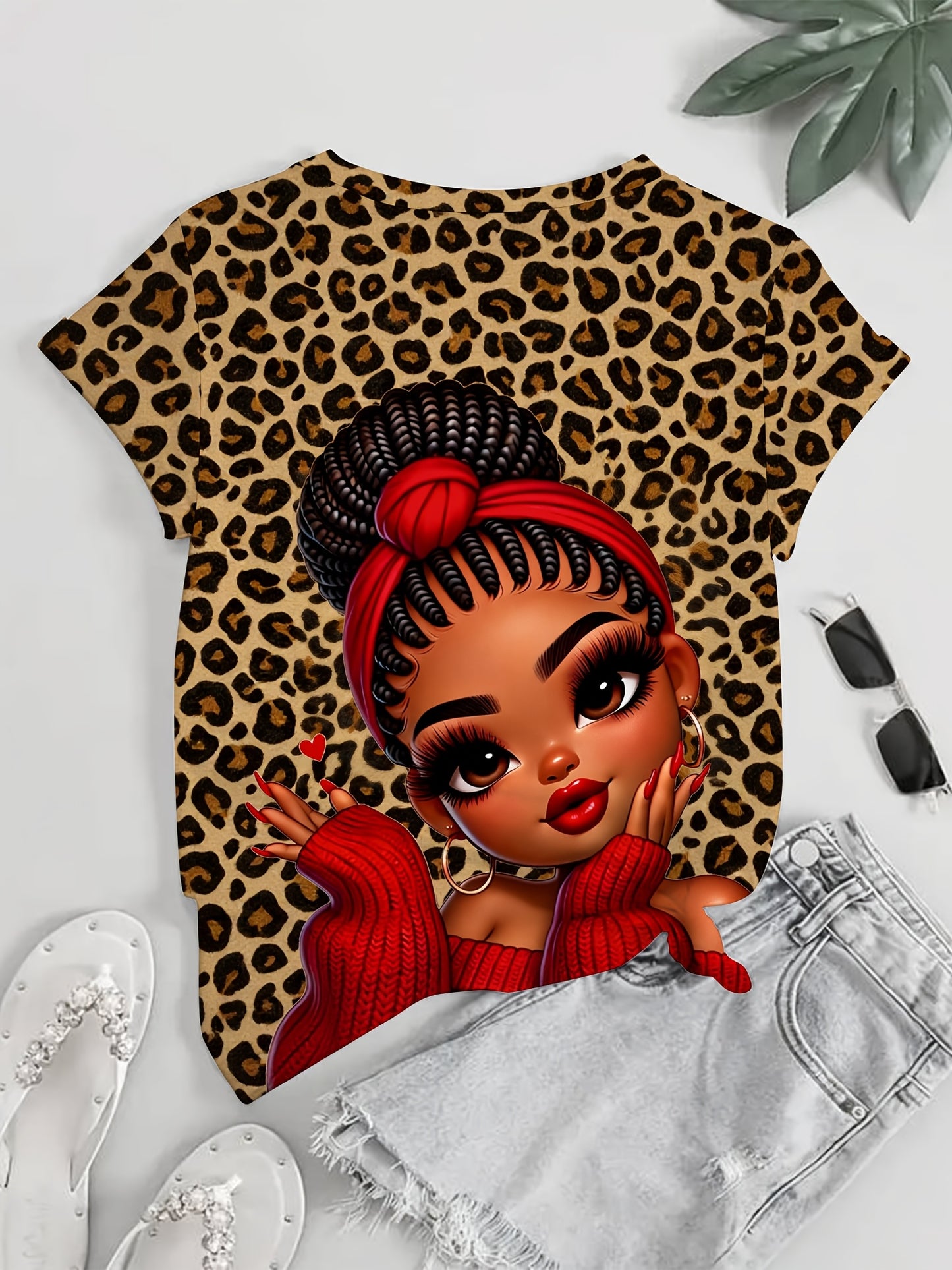 Women'S "Leopard Print Red Charm Cute " Themed Printed Short Sleeved T-shirt | Plus Size, Casual Style, Crew Neck, Slight Stretch Fabric, Digital Print, Regular Sleeve Length