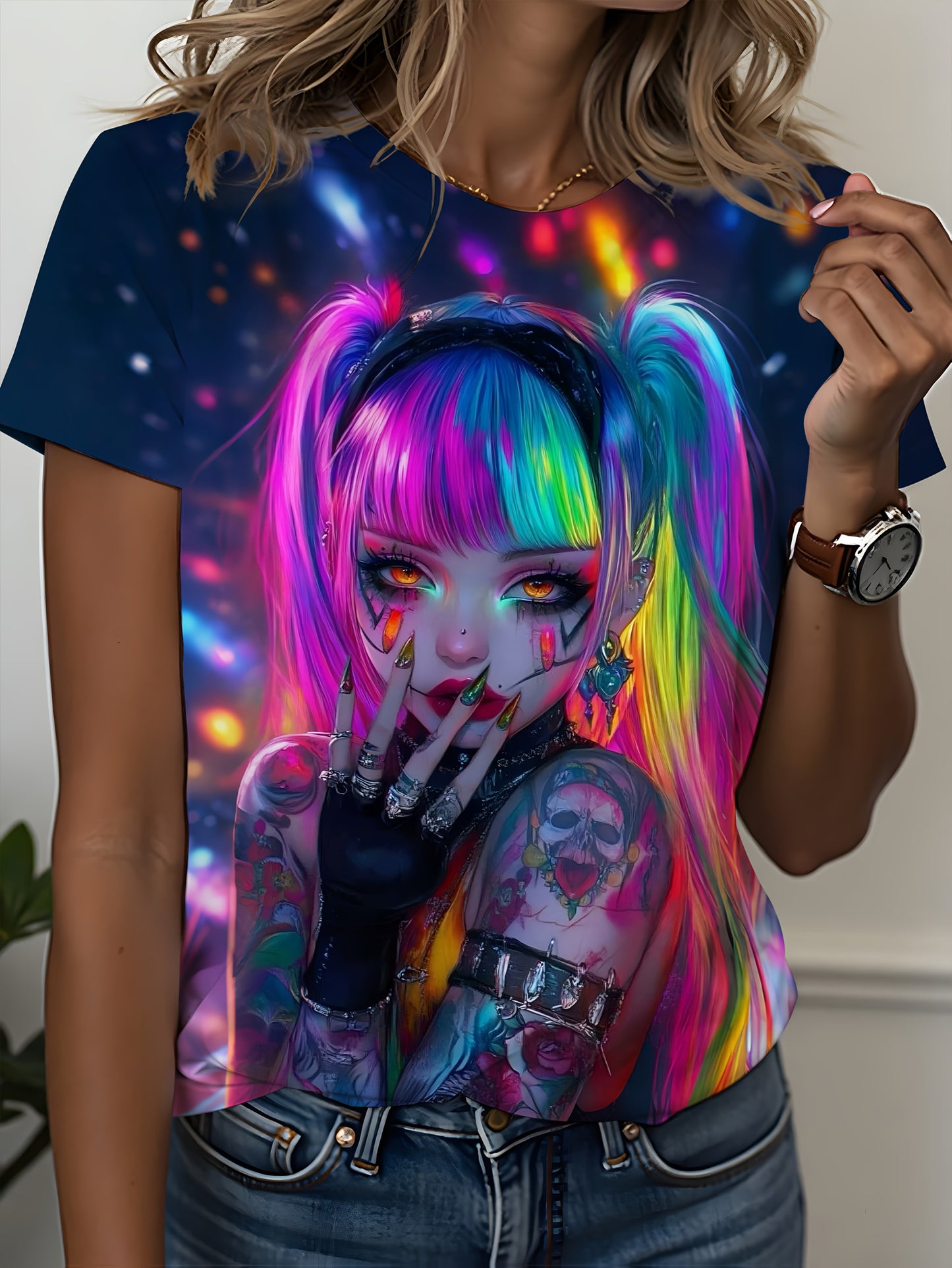 One Piece Round Neck Women'S Short Sleeved Printed T-Shirt | Full Neon Cyber Illustration, Contrasting Hairstyles, Eye-Catching, Avant-Garde Style, Trendy and Cool Attitude, Comfortable Fabric, Suitable for Spring, Summer, Au