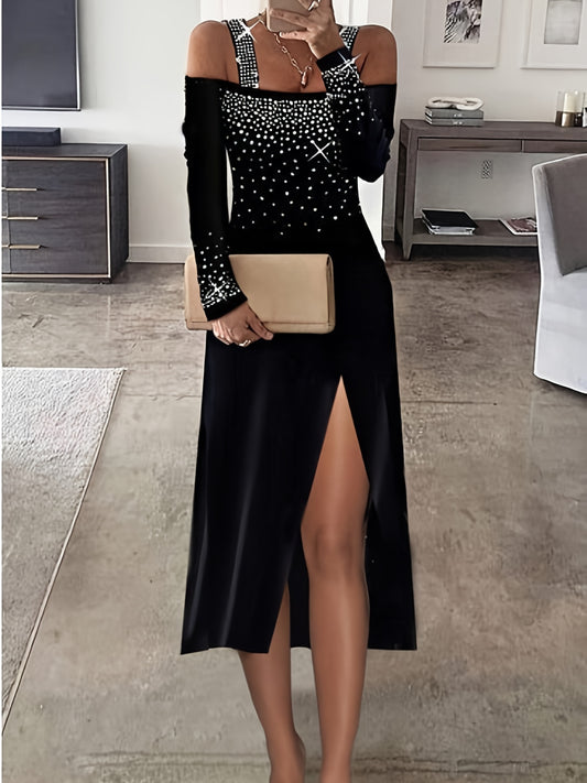 [Elegant Rhinestone Dress] Rhinestone Cold Shoulder Dress, Elegant Long Sleeve Split Dress, Women's Clothing
