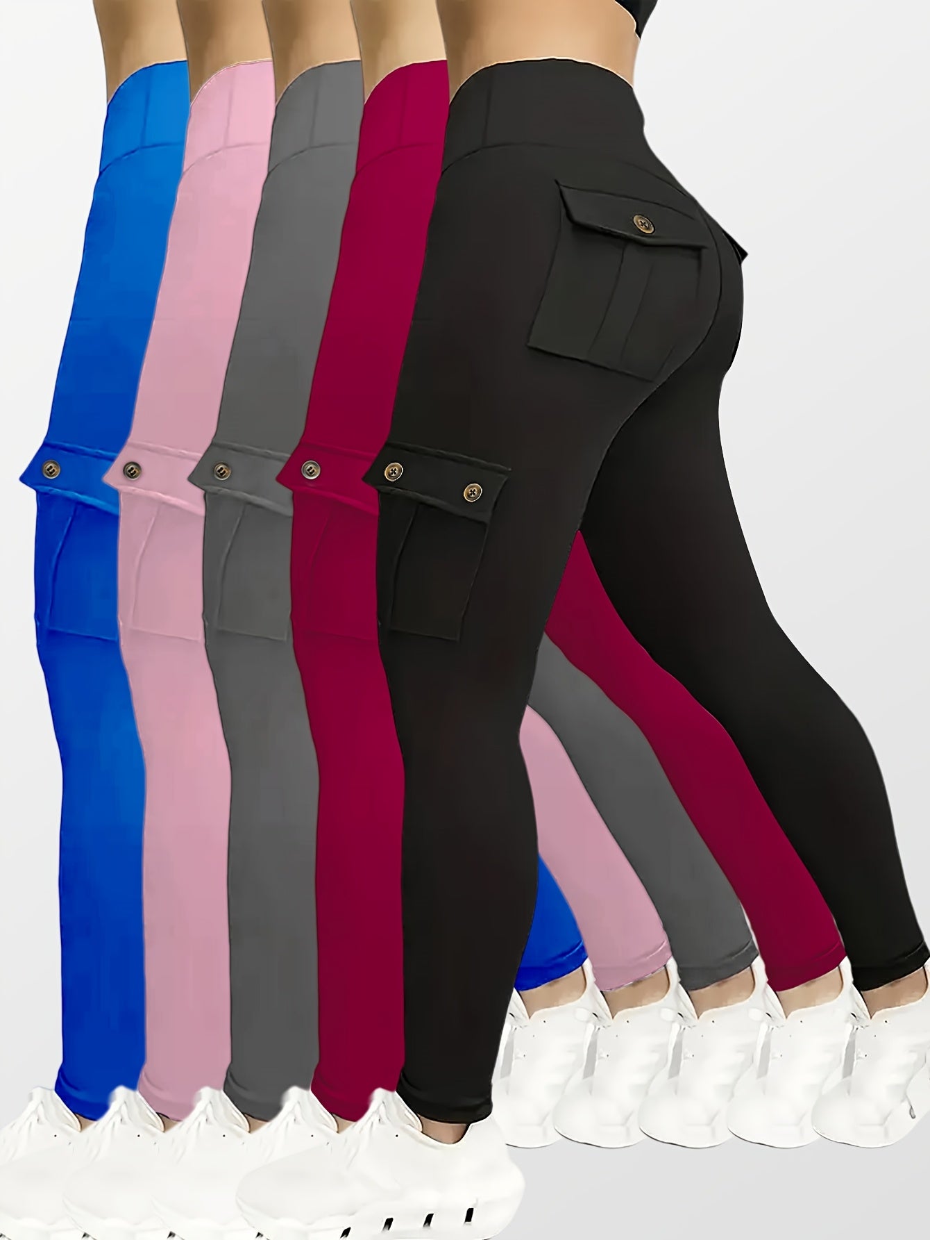 5pcs Set Women's High-Waisted Yoga Leggings with Belt Pockets & Button Closure - Full Coverage Flap Pocket Athletic Pants, Solid Color Gym Workout Running Training Suit (Black, Navy, Gray, Pink, Red) - Comfortable Machine-Was