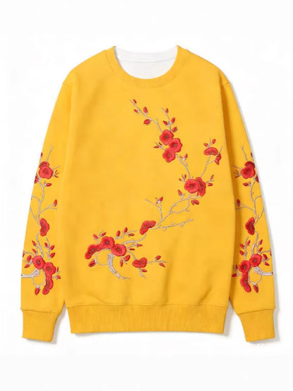 Black-base Red Plum Blossom Branch Print Loose-fitting Crewneck Sweatshirt
