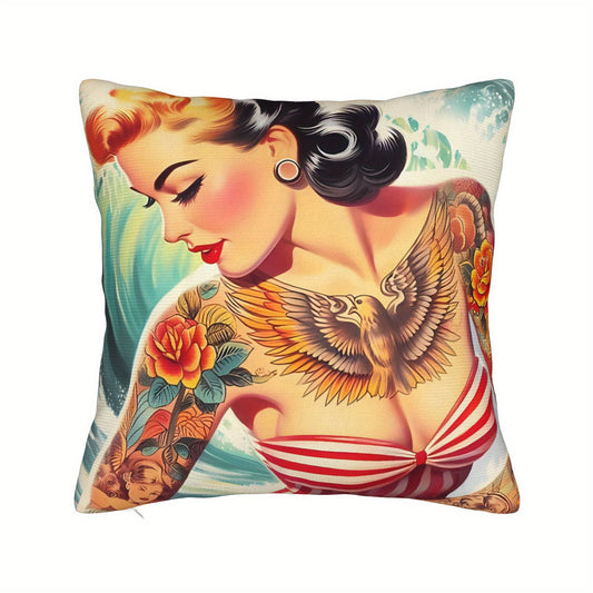 BIIHUDU Summer Tattoo Pin-Up Throw Pillow Cover - Vintage Modern Art Deco Design with Floral & Eagle Tattoo Art, Red & White Striped Bikini, Green Foliage - Machine Washable Zipper Closure for Sofa, Living Room Decor, Sofa Ac