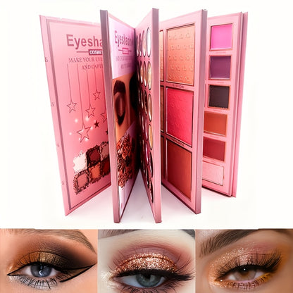4-in-1 Large Folding Makeup Book with Eyeshadow, Blush & Highlighter - All-Day Wear Matte/Shimmery/Shimmer Powders, Full-Coverage Compact Palette Suitable for Beginners & Professionals