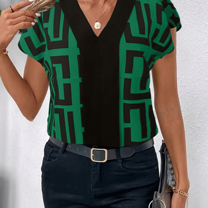 Geo Print Batwing Sleeve Blouse, Elegant V Neck Top For Spring & Summer, Women's Clothing