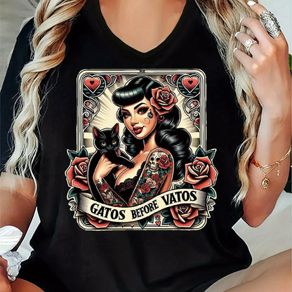 Women's Black "Gatos Before Vatos" Cat & Spanish Phrase T-Shirt - Short Sleeve Round Neck Casual Summer Top with Flower & Cat Pattern, Stretchy Spring Blouse for Spanish Speakers/Cat Lovers