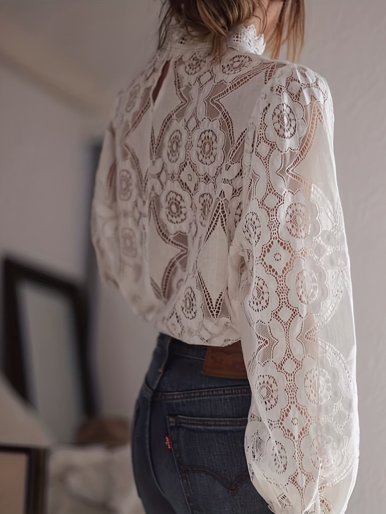 Floral Pattern Lace Blouse, Elegant Long Sleeve Top, Women's Clothing