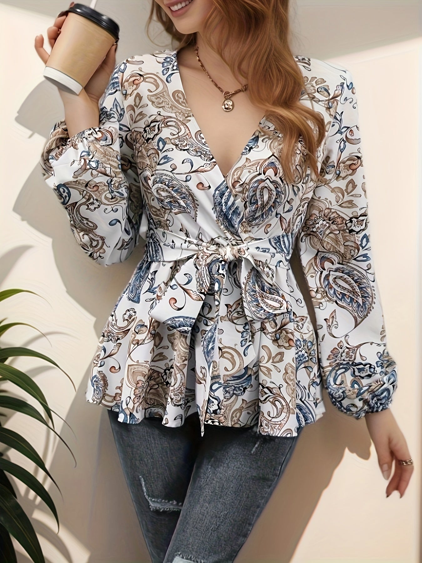 Floral Print Surplice Neck Blouse, Elegant Tie Waist Lantern Sleeve Blouse For Spring & Fall, Women's Clothing