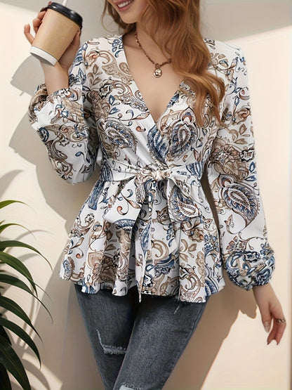 Floral Print Surplice Neck Blouse, Elegant Tie Waist Lantern Sleeve Blouse For Spring & Fall, Women's Clothing