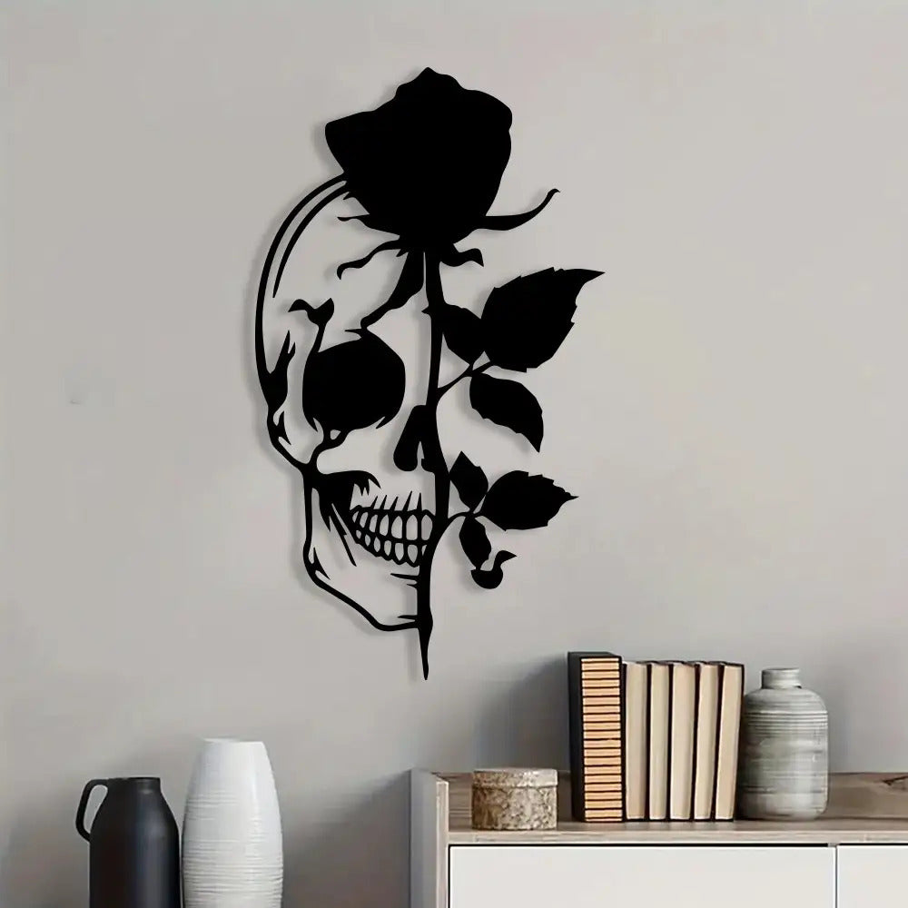 Stainless Sugar Skull Decor - Gothic Metal Wall Art with Intricate Floral & Bone Design, Mexican Day of the Dead (Día de los Muertos) Sign, Retro Gothic Home & Party Decoration for Altars, Collectors - Ornate Skull Sculpture